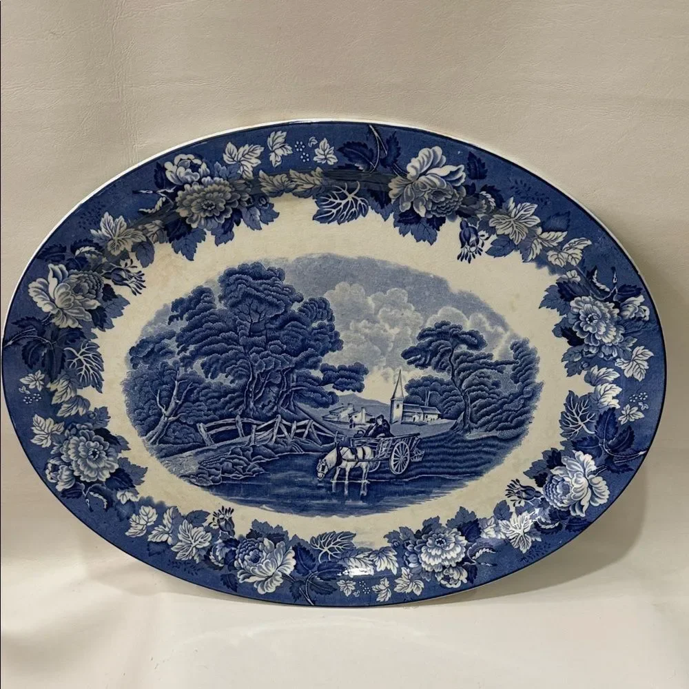 Woods Ware England Blue Scenic Transferware Vintage Floral Oval Serving Platter